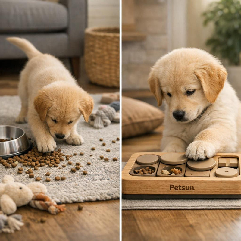 puppy puzzle feeder for early training showing calm and slow eating