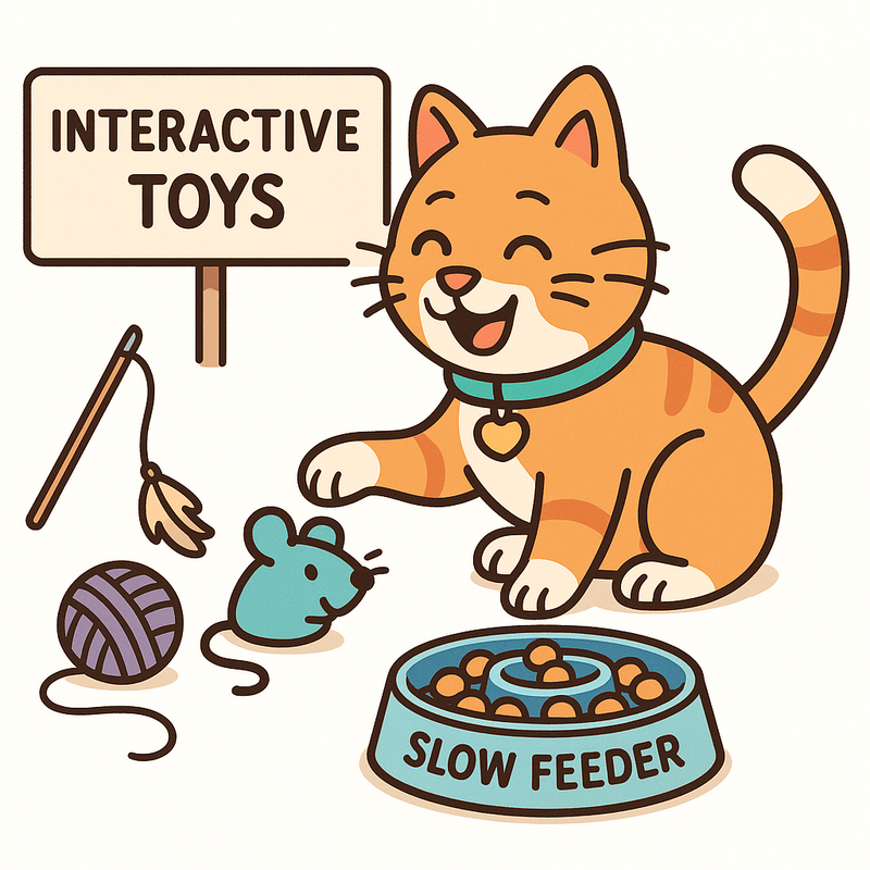 Happy cat with toys and bowls
