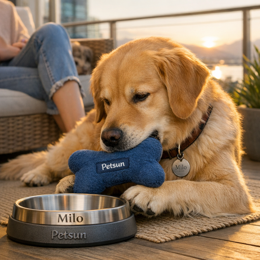 Personalized dog bowl with Petsun branding and a dog name engraved, meaningful custom dog gift.