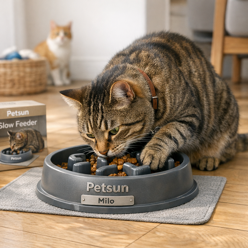 Cat eating from a Petsun branded personalized slow puzzle feeder bowl at home.