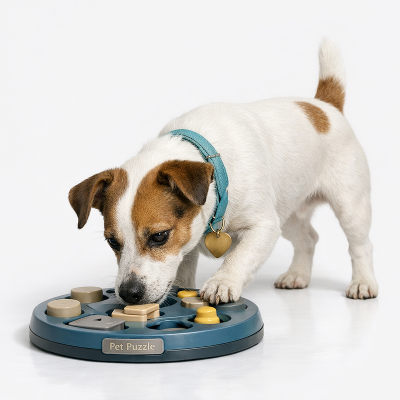Jack Russell using puzzle feeder