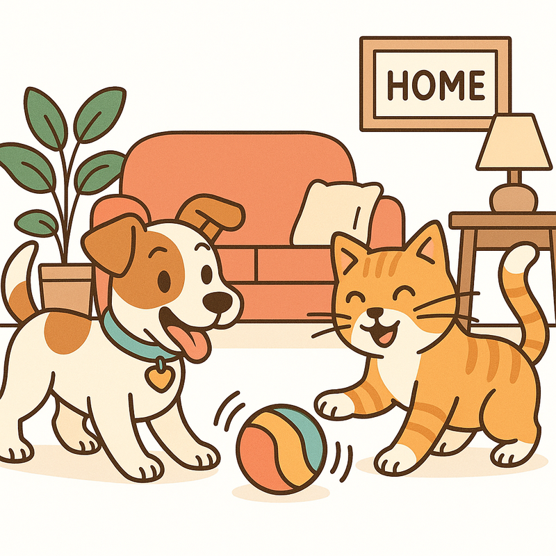 dog and cat playing with shaking ball