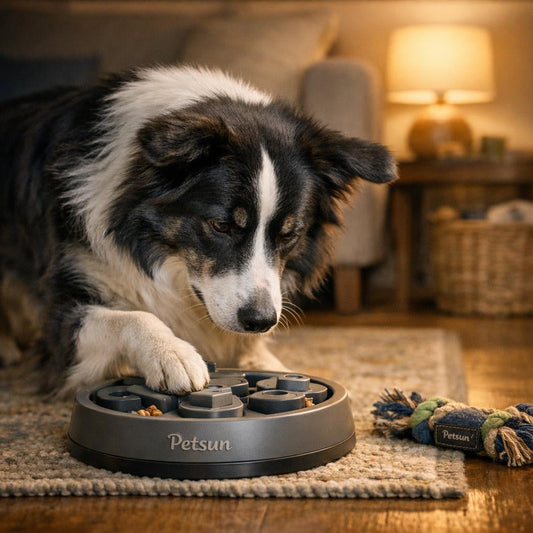 Border Collie using puzzle feeder bowl for mental stimulation at home