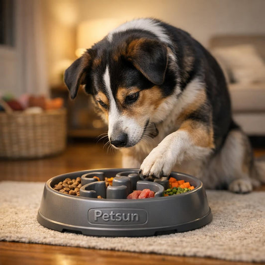 Interactive feeder for dogs that eat too fast in modern home