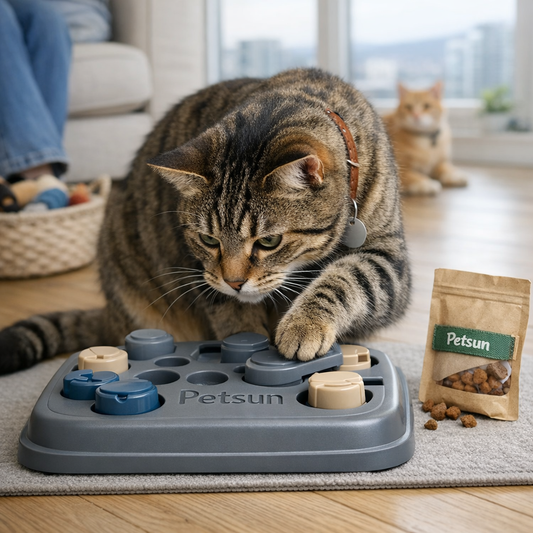 Tabby cat using a Petsun puzzle feeder to reduce boredom and add daily enrichment.