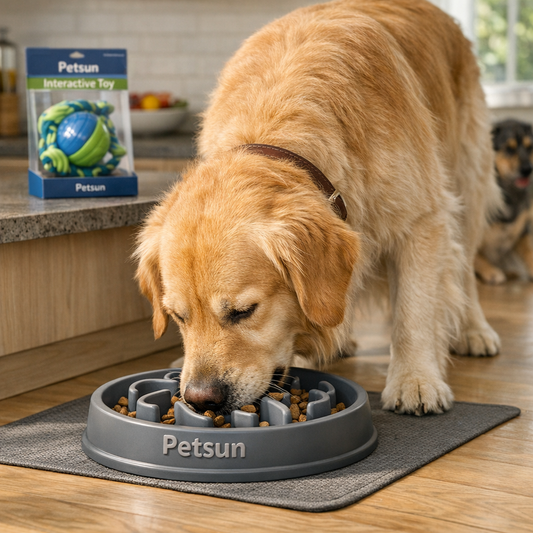 Golden Retriever eating from a Petsun slow feeder dog bowl in a bright Canadian home kitchen.