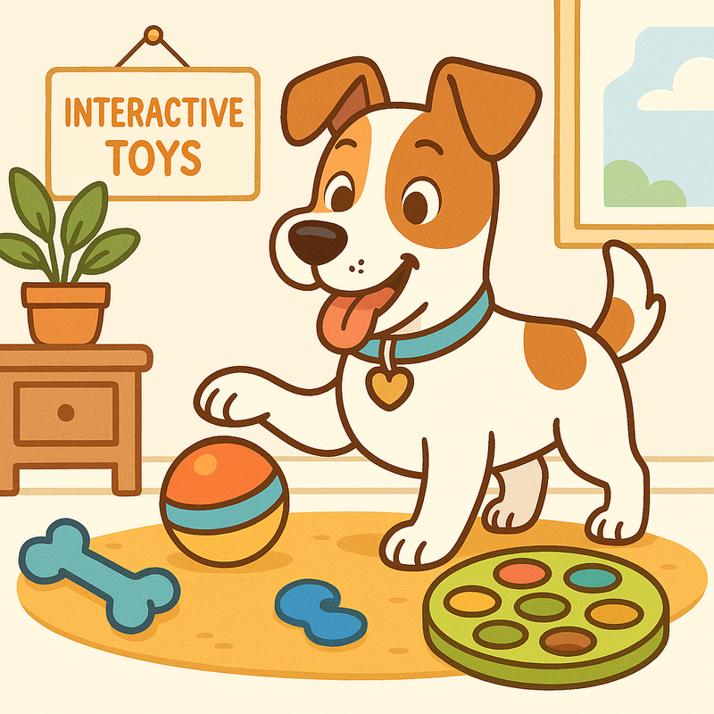 Happy dog with colorful toys