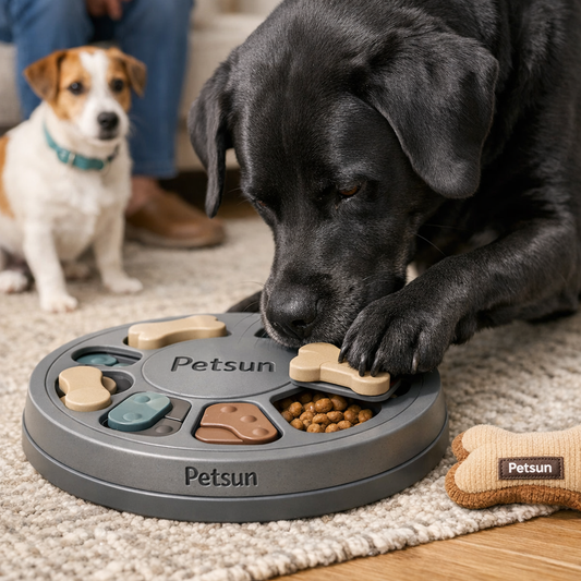 Black Labrador using a Petsun puzzle feeder with sliding compartments for dog enrichment.