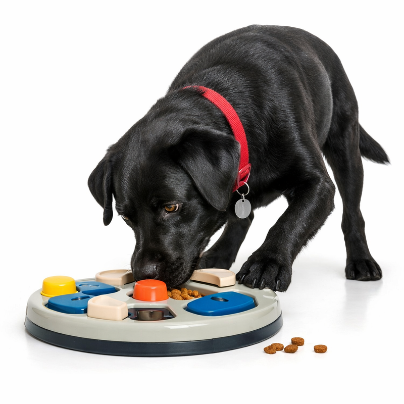 Black Labrador using a puzzle feeder in a bright Vancouver kitchen during breakfast.