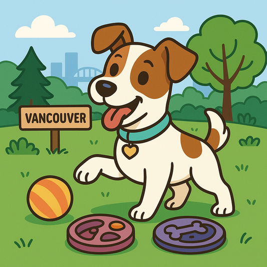 Dog playing with toys in Vancouver