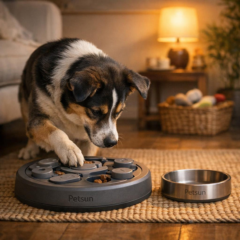 Apartment dog using puzzle feeder calmly indoors