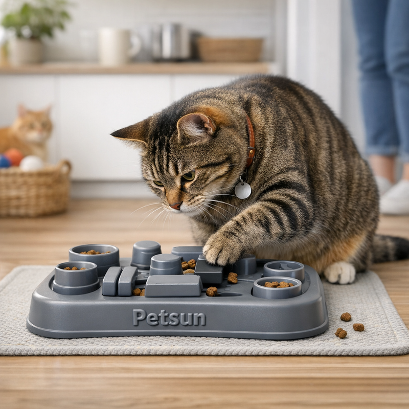 Tabby cat using a Petsun branded cat food puzzle feeder toy in a bright home kitchen.