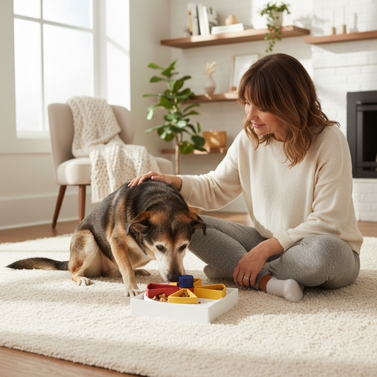 Senior dog engaging with an interactive puzzle feeder with his owner