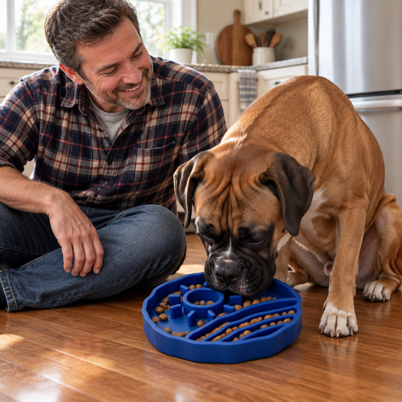 Boxer eating from a large blue Sunset slow feeder bowl in a family kitchen with its owner