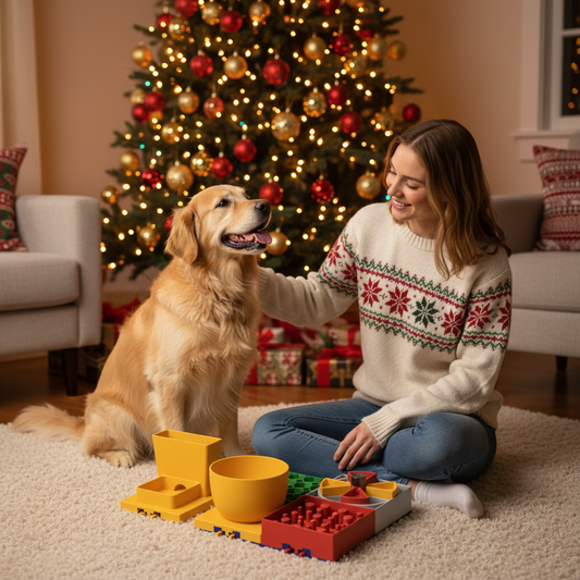 Golden retriever with owner and a modular dining station bundle by the Christmas tree