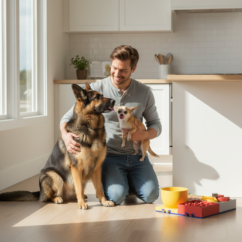 Large and small dog with owner next to a modular pet dining station in a bright kitchen