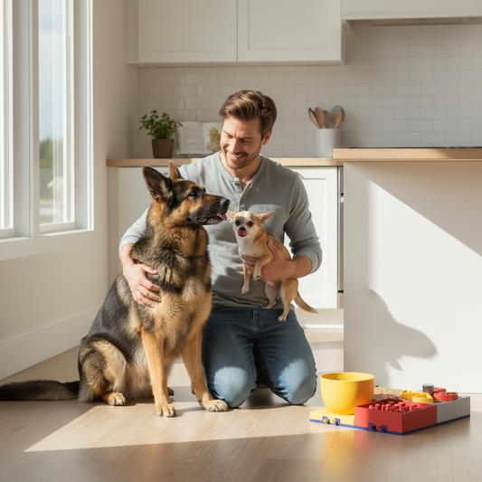 Large and small dog with owner next to a modular pet dining station in a bright kitchen