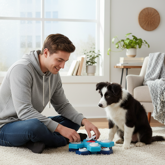 Border Collie puppy playing with a puzzle feeder next to his owner at home