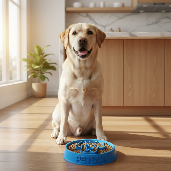 A happy Labrador sitting next to a Petsun slow feeder dog bowl in a bright modern kitchen.