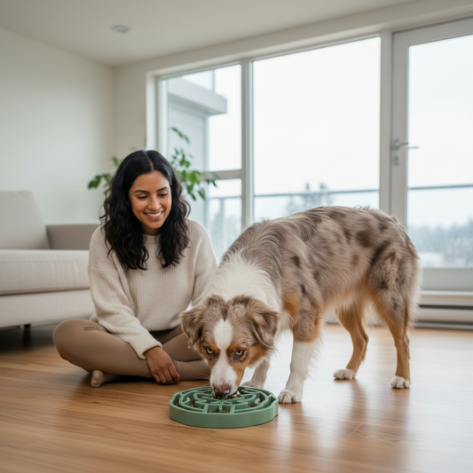 Fast eating dog using a maple leaf slow feeder bowl in a cozy Vancouver home