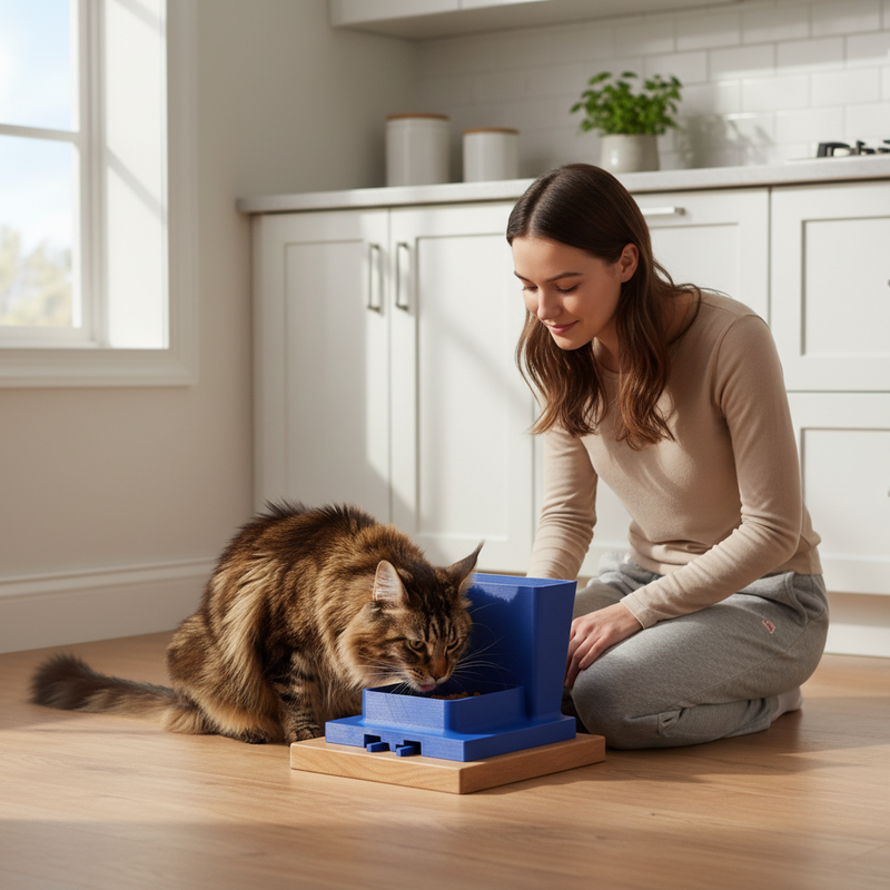 Maine Coon cat eating comfortably from a whisker relief bowl