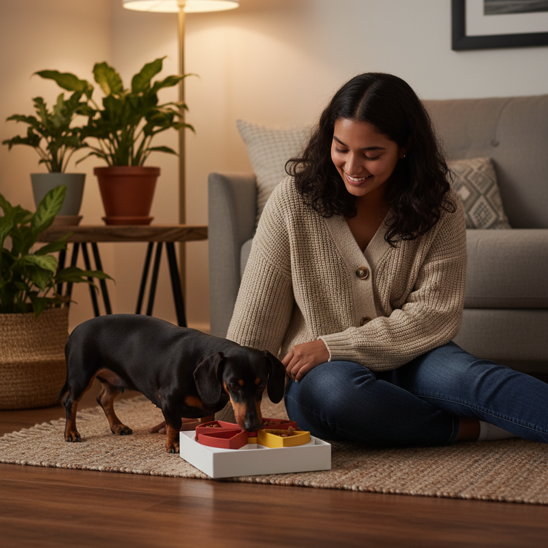 Dachshund playing with a puzzle toy in a small apartment living room