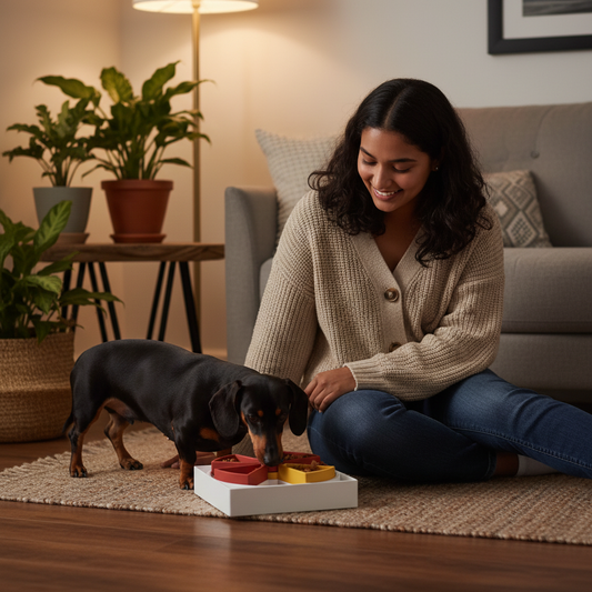 Dachshund playing with a puzzle toy in a small apartment living room
