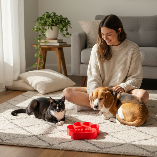 Beagle and tuxedo cat with their owner and a personalized slow feeder bowl at home