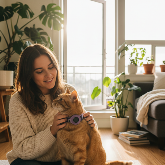 Orange tabby cat wearing an AirTag collar with his owner in a bright Vancouver apartment