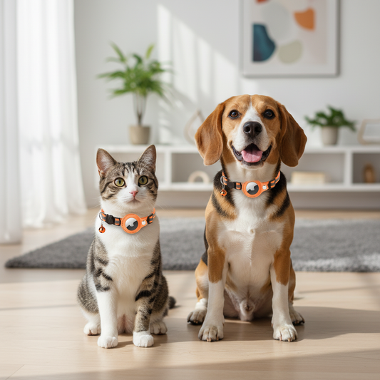 A cat and a dog wearing secure Petsun AirTag holder collars in a modern home.