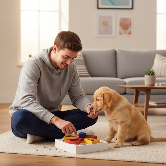 Golden retriever puppy and owner with an interactive puzzle feeder in a cozy living room