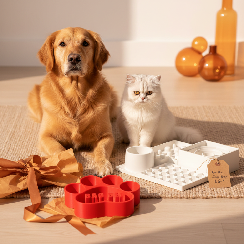 A golden retriever and Persian cat surrounded by premium pet gifts — personalized slow feeder bowl, Dining Station, and cat toy — with amber ribbon in a warm studio setting.