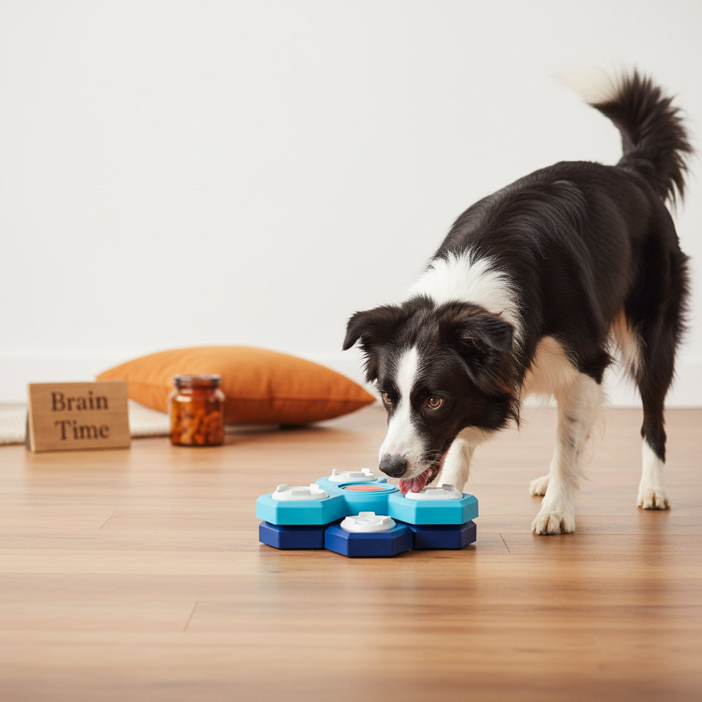 A happy border collie actively solving a honeycomb puzzle feeder toy on a warm wood floor, with a treat jar and amber props in a bright studio lifestyle setting.