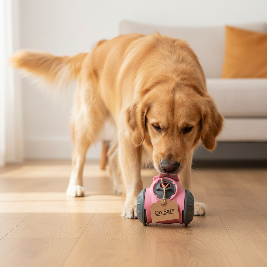 Golden retriever playing with a bear design slow feeder toy, kraft "On Sale" tag attached, warm home setting.