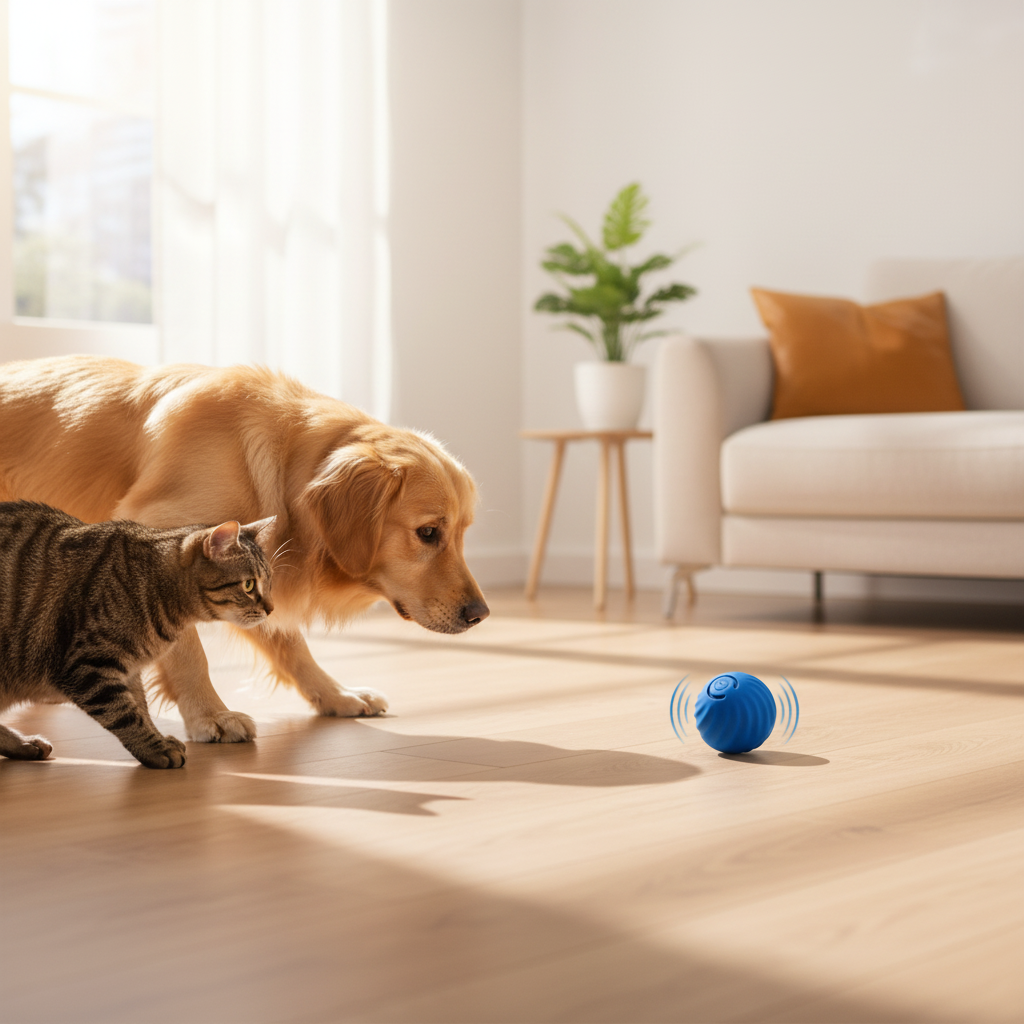 A golden retriever and tabby cat side by side on a hardwood floor, both alert and focused on a blue vibrating ball toy in a warm modern living room setting.