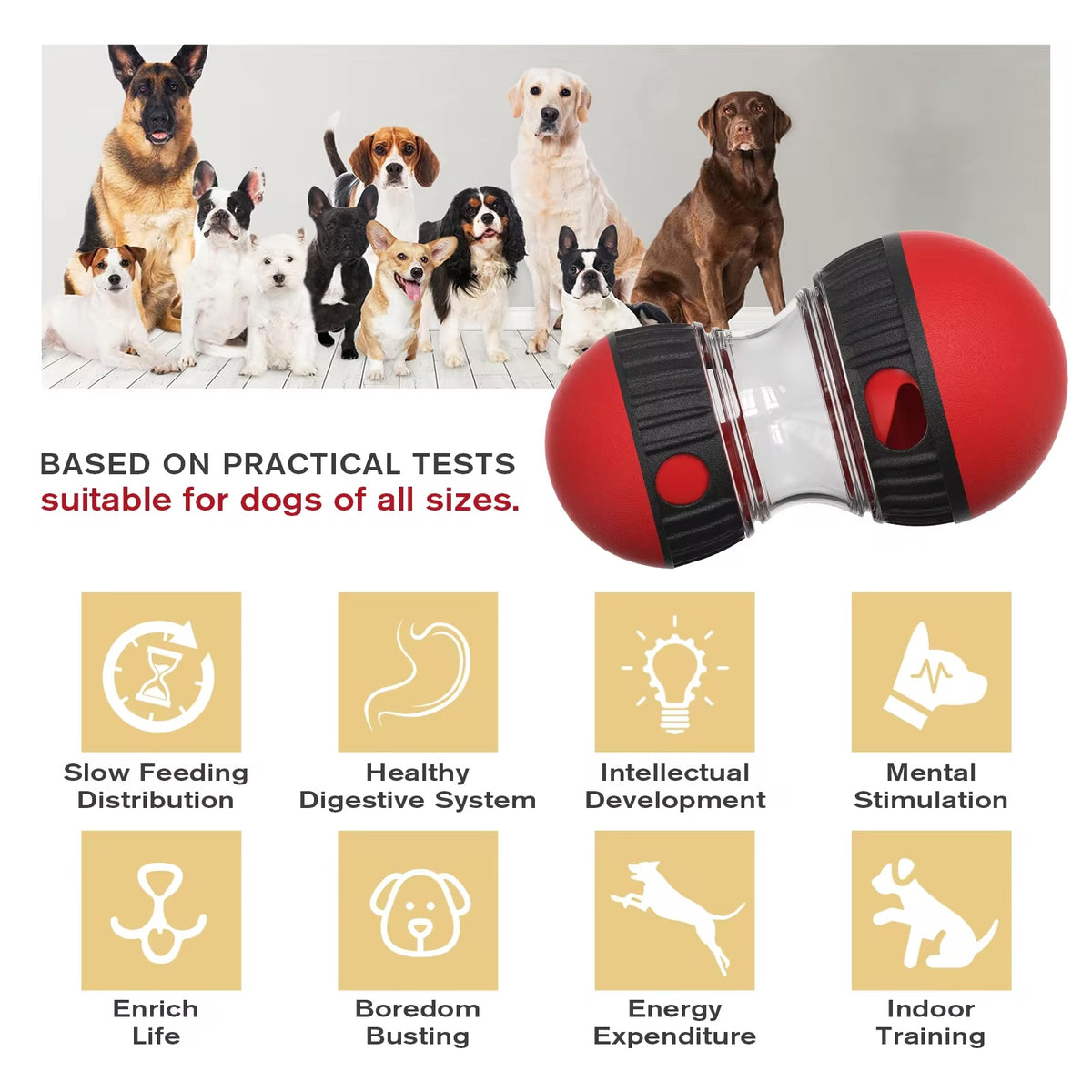 Red Oval Slow Feeder & Treat Dispenser Toy for dogs and cats with dog breed lineup and feature icons