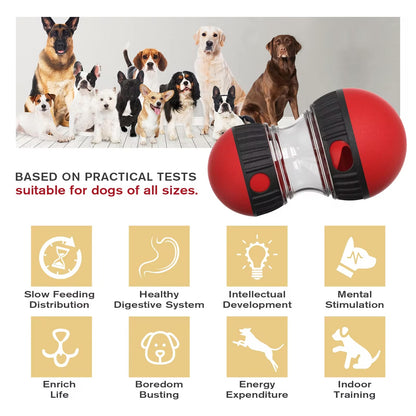 Red Oval Slow Feeder & Treat Dispenser Toy for dogs and cats with dog breed lineup and feature icons