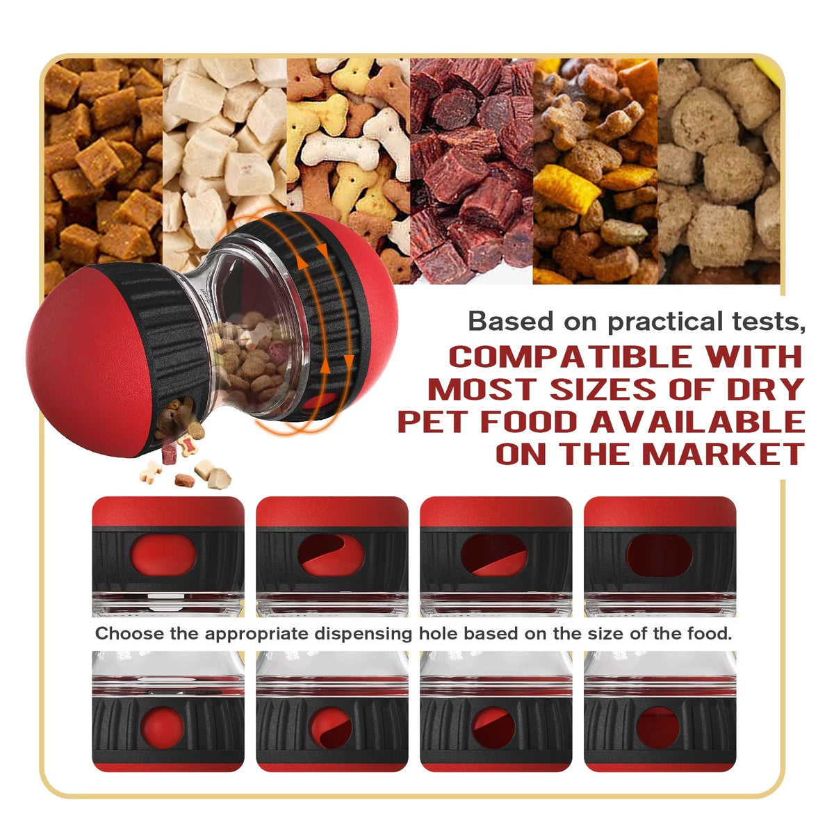Red Oval Slow Feeder & Treat Dispenser Toy with adjustable dispensing hole and mixed dry treats