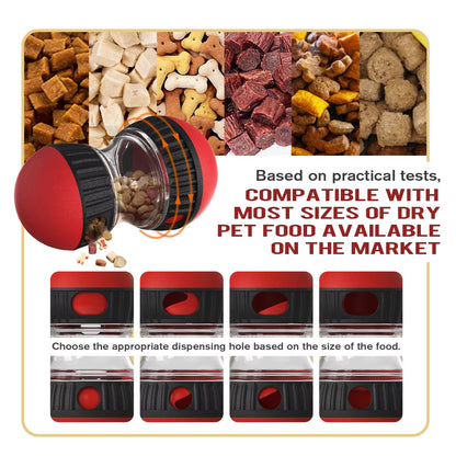 Red Oval Slow Feeder & Treat Dispenser Toy with adjustable dispensing hole and mixed dry treats