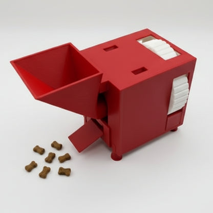 Red interactive pet food dispenser with scattered kibble on a white background