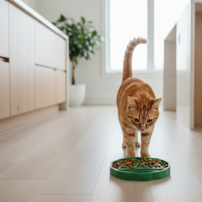 Cedar trees slow feeder bowl and a orange cat in Canada