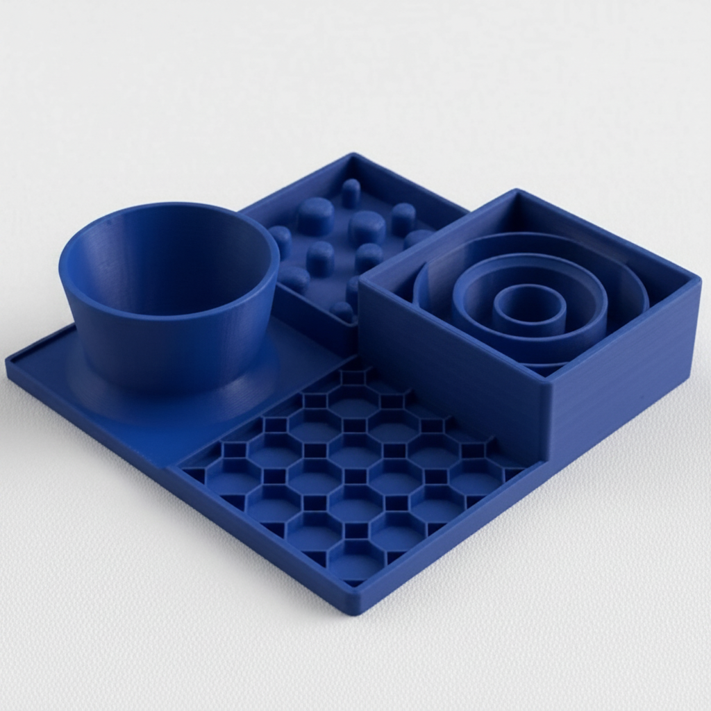 Blue dining station for dogs and cats, slow feeder