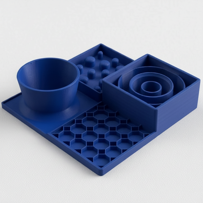 Blue dining station for dogs and cats, slow feeder