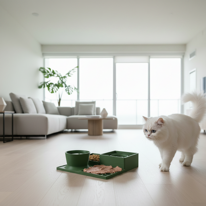 A fluffy white cat stands on a light wood floor in a bright modern living room, looking toward a green pet dining station (feeding tray) with bowls and food.