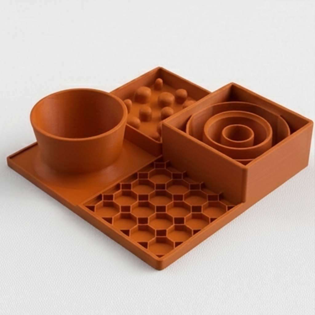 Orange dining station for dogs and cats, slow feeder