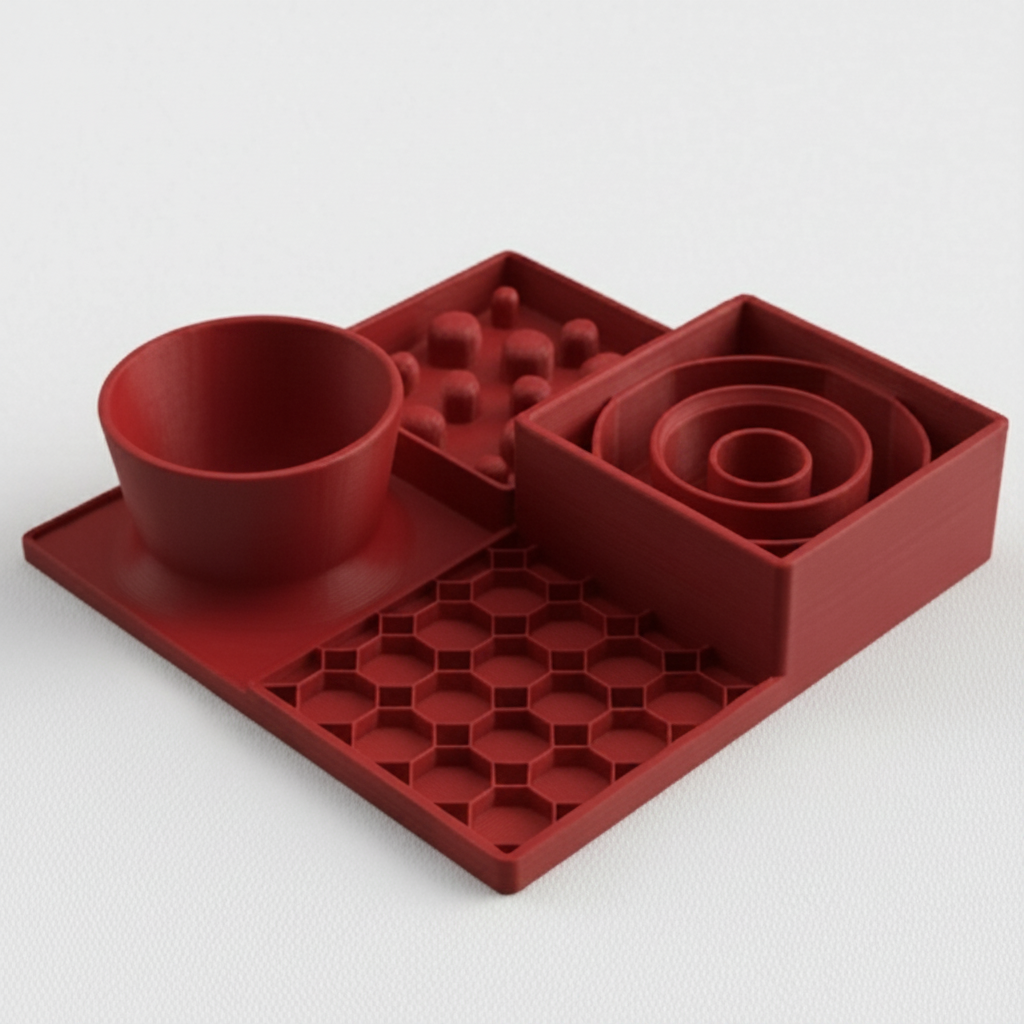 Red dining station for dogs and cats, slow feeder