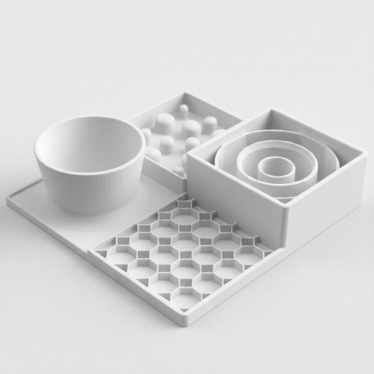 White dining station for dogs and cats, slow feeder