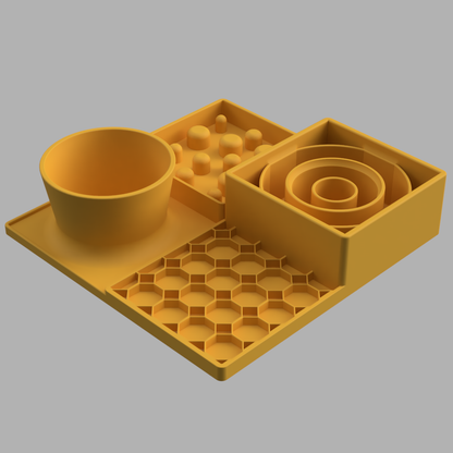 Yellow dining station for dogs and cats, slow feeder