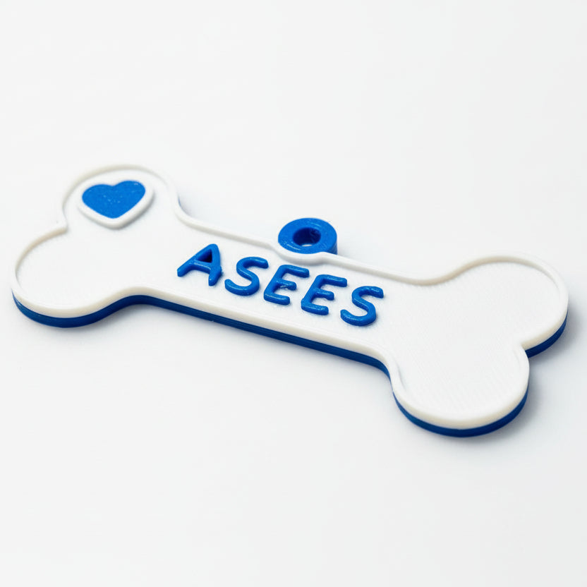 Bone-shaped dog name tag with 'ASEES' text on a gray background