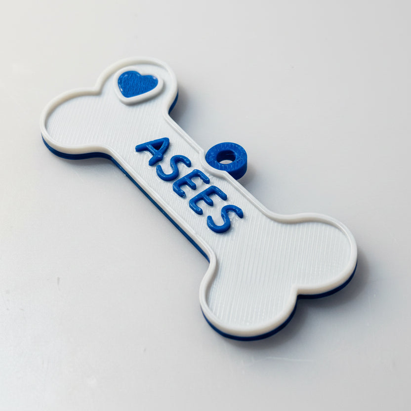 Bone-shaped dog name tag with 'ASEES' text on a gray background